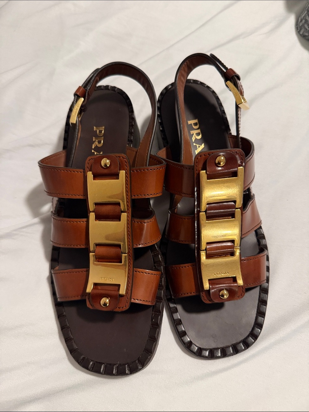 Prada Tan Leather Sandals with Gold-Tone Buckle Accents